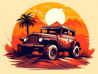 American hot rod car speeding through a desert sunset T-shirt design