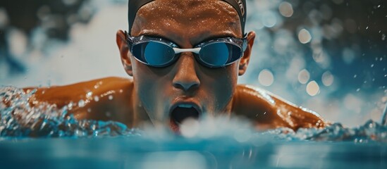 A person wearing goggles is immersed in the water, enjoying leisure and recreation in the swimming pool. - obrazy, fototapety, plakaty