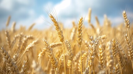 Fototapeta premium Beautiful field of ripe wheat of golden color against blurred background of blue sky