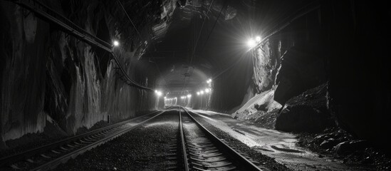 Nighttime view of a black and white tunnel for coal trains. - obrazy, fototapety, plakaty