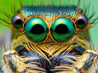 A close up of a spider 's eyes with a green background