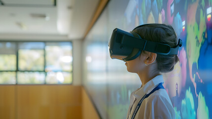 A student learning in a virtual classroom, showing how education will be transformed by technology in the future. Generative AI.