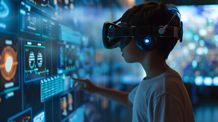 A student learning in a virtual classroom, showing how education will be transformed by technology in the future. Generative AI.