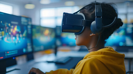 A student learning in a virtual classroom, showing how education will be transformed by technology in the future. Generative AI.