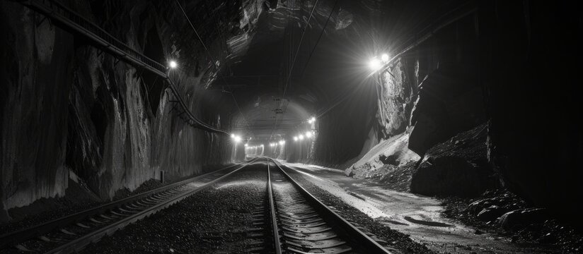 Fototapeta Nighttime view of a black and white tunnel for coal trains.