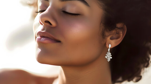 A close-up of a woman's face, with her eyes closed and a serene expression, wearing a pair of diamond earrings.