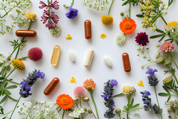 Pills made of herbs and flowers. plastic capsules with pills made from herbs and other plants are used as an alternative drug on a white background. alternative medicine concept. Generative AI - obrazy, fototapety, plakaty