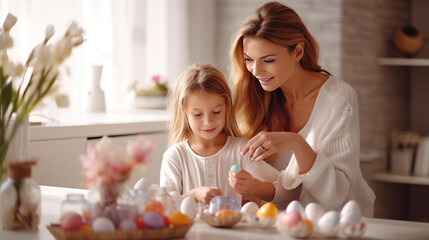 Obraz na płótnie Canvas mom and daughter decorate easter eggs