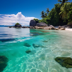 A serene beach with crystal-clear water.