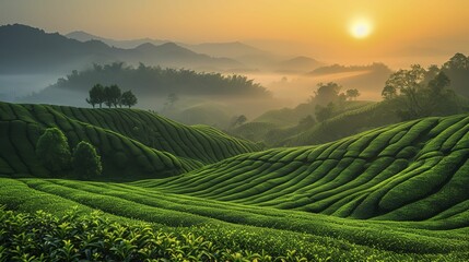 Green tea plantation at sunrise time, natural background, curved green tea plantation at sunrise with fog 