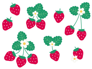 かわいい苺のベクターイラストセット。フルーツ、食べ物、果物