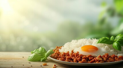 Basil minced pork with rice and fried egg, realistic, HD, copy space - generative ai