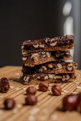 Homemade vegan organic energy bars with chocolate and hazelnut
