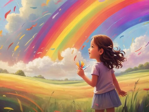 "Chasing Rainbows: Experience the Joyful Quest as Individuals Revel in the Delightful Pursuit of a Colorful Spectrum, a Whimsical and Uplifting Moment Captured Through AI-Enhanced Photography"