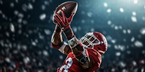 American football player jumping and catching ball against composite image of snow falling - Powered by Adobe