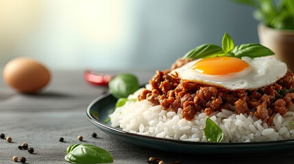Basil minced pork with rice and fried egg, realistic, HD, copy space - generative ai
