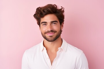 Portrait of a handsome young man in white shirt on a pink background