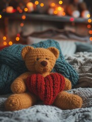A cute teddy bear sitting on a blue bed holding a love heart. 