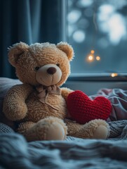 A cute teddy bear sitting on a blue bed holding a love heart. 
