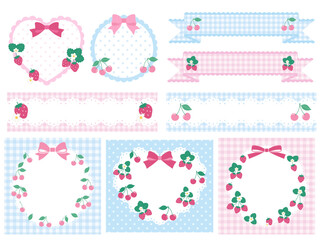 いちごとさくらんぼのかわいいフレームのベクターイラストセット。苺、チェリー、ガーリー、リボン