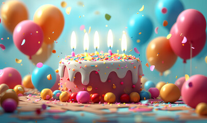 birthday cake with candles on a background of colored confetti