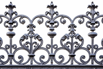 richly textured wrought iron fence detail on white background