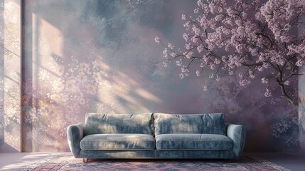 the 3D pattern of a plane tree on a sofa against a mauve wall and a patterned sky-blue sofa. - obrazy, fototapety, plakaty