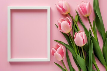 Flowers composition. Frame and tulips on pink background. Flat lay, top view, copy space