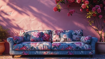 the 3D pattern of a plane tree on a sofa against a mauve wall and a patterned sky-blue sofa. 