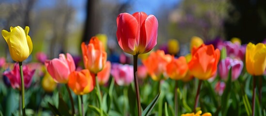 A vibrant meadow filled with colorful tulips, flowering plants, and lush green grass, creating a beautiful natural landscape.