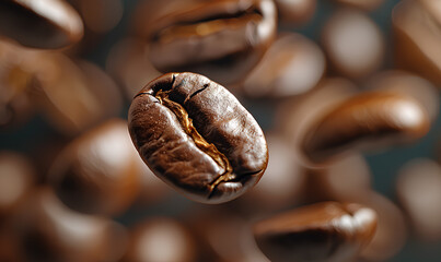 Fototapeta premium Coffee beans falling into the air with a blurred background.