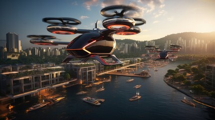 Drone taxis hovering - obrazy, fototapety, plakaty