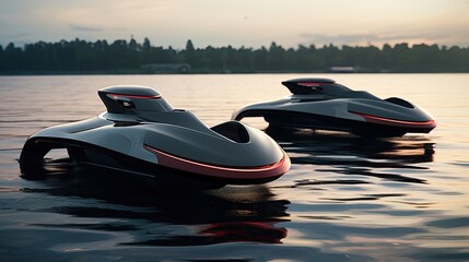 Futuristic electric jetboards water sports - obrazy, fototapety, plakaty