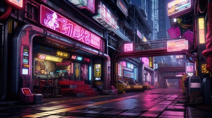Fototapeta premium Neon lit cyberpunk streets