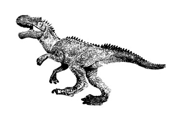 black dinosaur silhouette isolated on white background, model of giganotosaurus toy