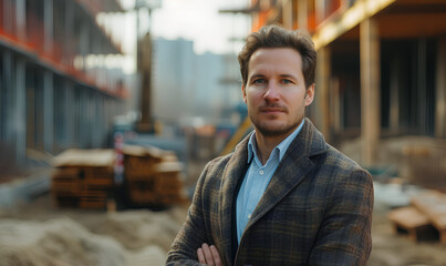 Portrait of a handsome young businessman on the background of a construction site