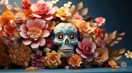 day of the dead background with floral ornaments and skulls for banners or posters