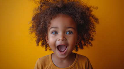 A little girl with curly hair is making a surprised face with her mouth open - obrazy, fototapety, plakaty