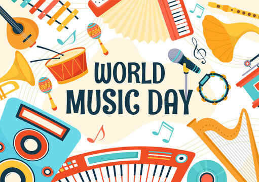 World Music Day Vector Illustration on 21 June with Various Musical Instruments and Notes in Flat Cartoon Background Design