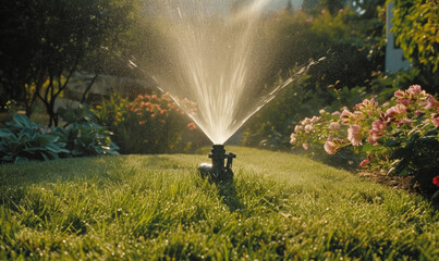 Close up of a garden lawn sprinkler watering the grass