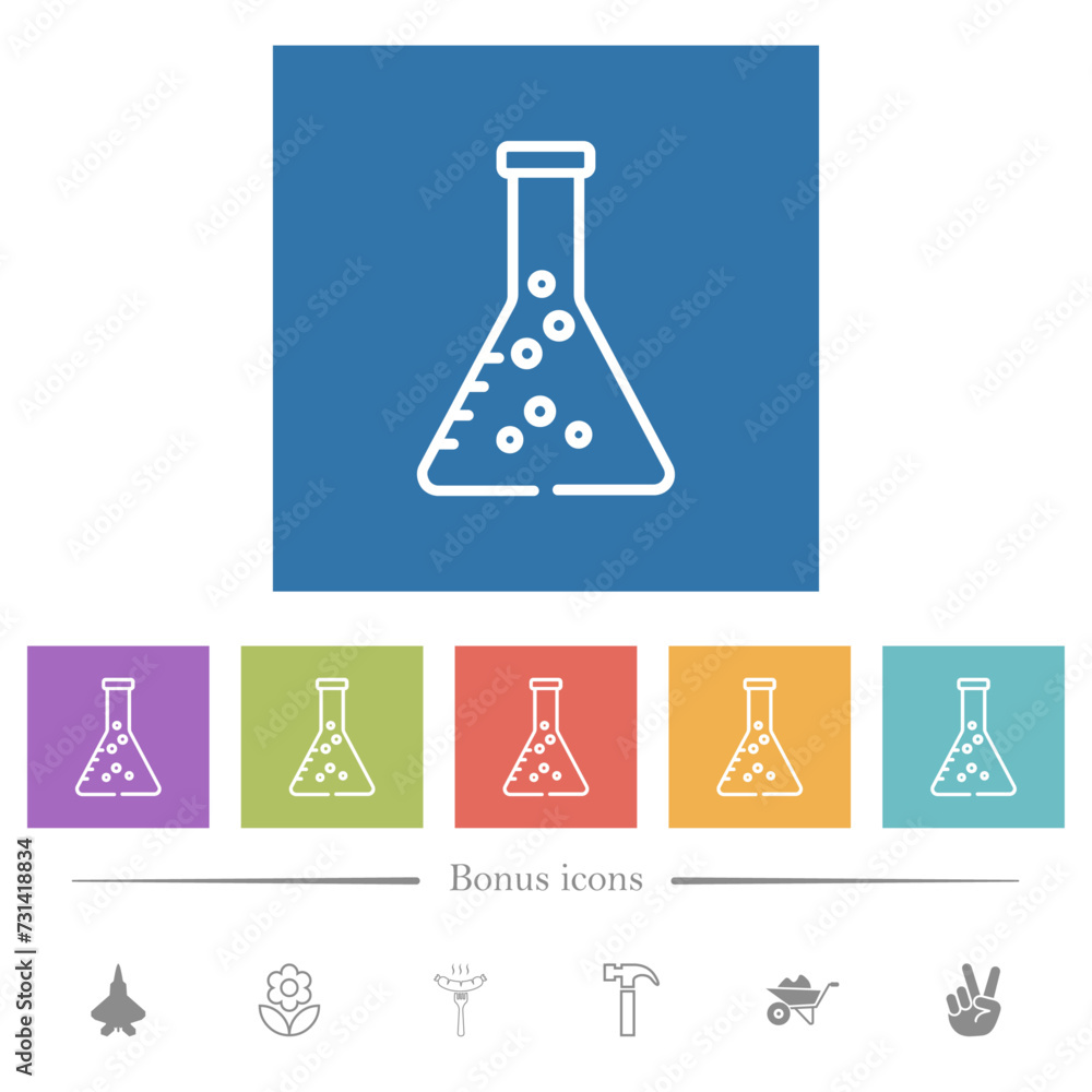 Poster lab flask with liquid outline flat white icons in square backgrounds