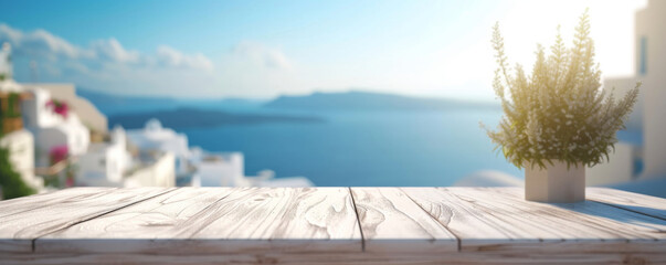 Beautiful scenery: empty white wooden table with Santorini view, blurred bokeh out of open window, product display, defocused bokeh, and blurred background sea with sunlight. product display template
