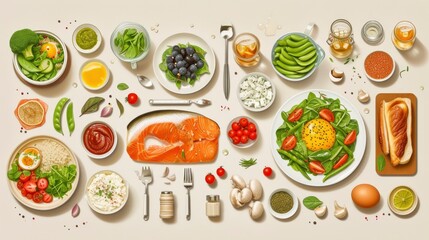 Flat lay local food meal assortment, realistic, HD, copy space - generative ai