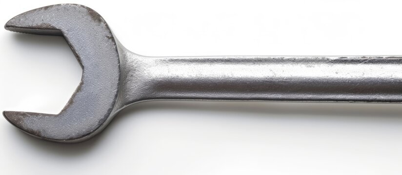 A close up image of a wrench, a hand tool commonly used in metalworking and household repairs, placed on a white surface.