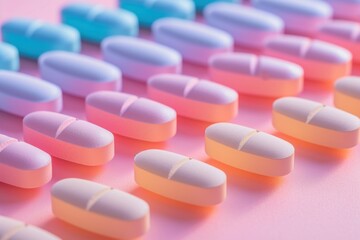 Multiple rows of pink and blue tablets arranged on a gradient pink background.