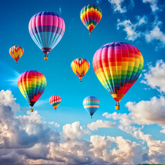 Rainbow-colored hot air balloons in a blue sky.