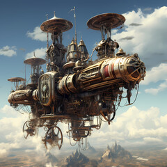 Steampunk-inspired flying machines in the sky.