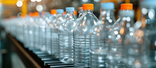 A line of plastic water bottles moving on a conveyor belt, containing liquid mineral water for drinking.