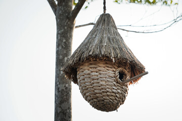 Hanging Little Birdhouse with tree and clear blue sky backgrounds. Wooden woven straw Bird House in the garden. Empty blank copy text space.