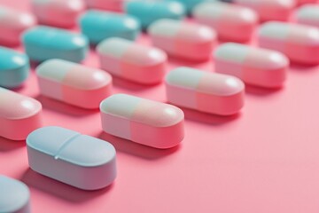 Multiple rows of pink and blue tablets arranged on a gradient pink background. Place for text